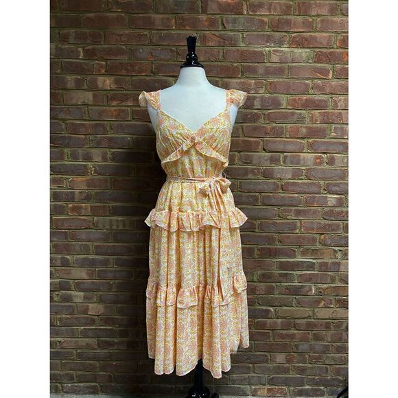 Love Colette Sleeveless Coral Ruffle MIDI Dress Size Medium NWT - Picture 2 of 7